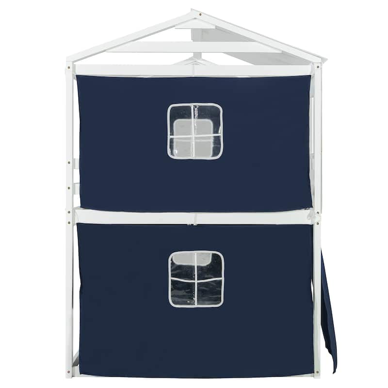 Full Size Bunk Bed with Playhouse Tent, Solid Pine Wood Frame and Window Design
