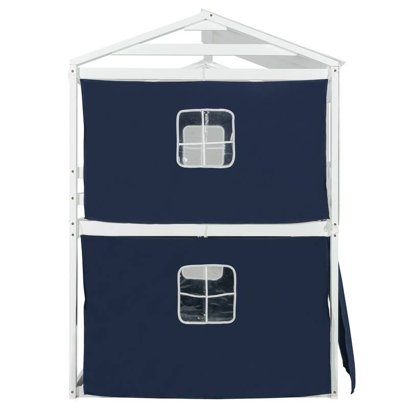 Roomfitters Full Over Full House Bunk Bed with Tent and Window, Playhouse Design