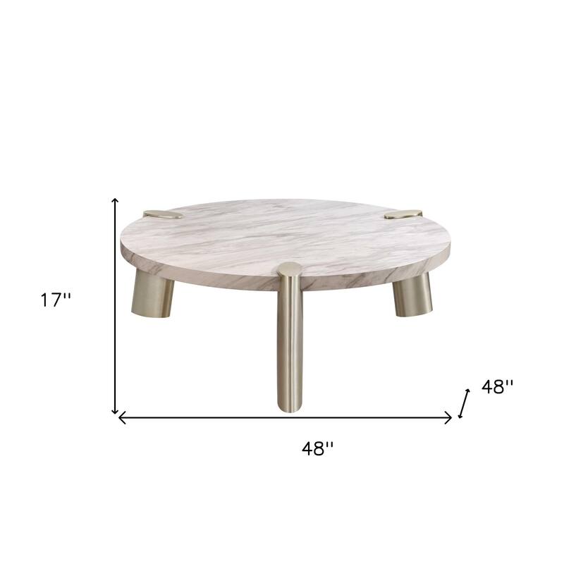 48" Gold And White Genuine Marble Round Coffee Table - 17" H x 48" W x 48" D