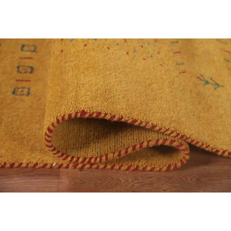 Tribal Gabbeh Area Rug Hand-Knotted Yellow Wool Carpet - 8'1"x 9'8"