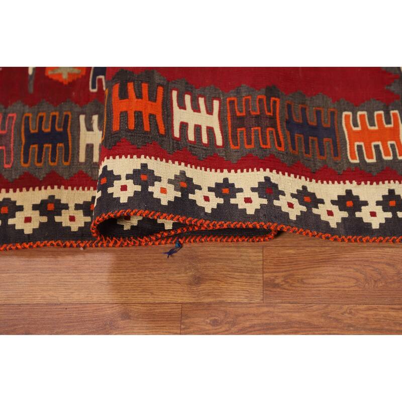 Kilim Qashqai Persian Vintage Area Rug Hand-Woven Red Wool Carpet - 4'8"x 6'7"