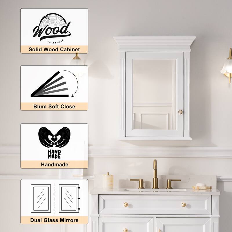 24"W X30"H Surface Mount Solid Wood Framed Medicine Cabinet With Mirror And Wooden Shelves