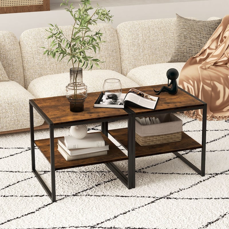 2 Pieces 2-Tier 20 Inch Square End Side Table for Living Room Bedroom-Rustic Brown - 20" x 20" x 20"