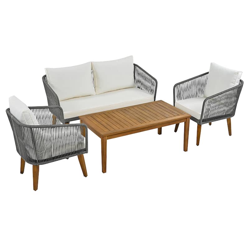 Outdoor 4-Piece Solid Wood Conversation Sofa Set with Coffee Table