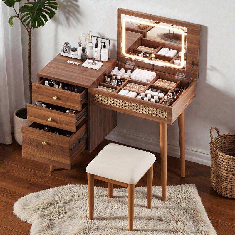 39" Retro Boho Vanity Desk with Flip-Top LED Mirror, 3 Drawers & 10 Compartments, Rattan Makeup Table with Stool