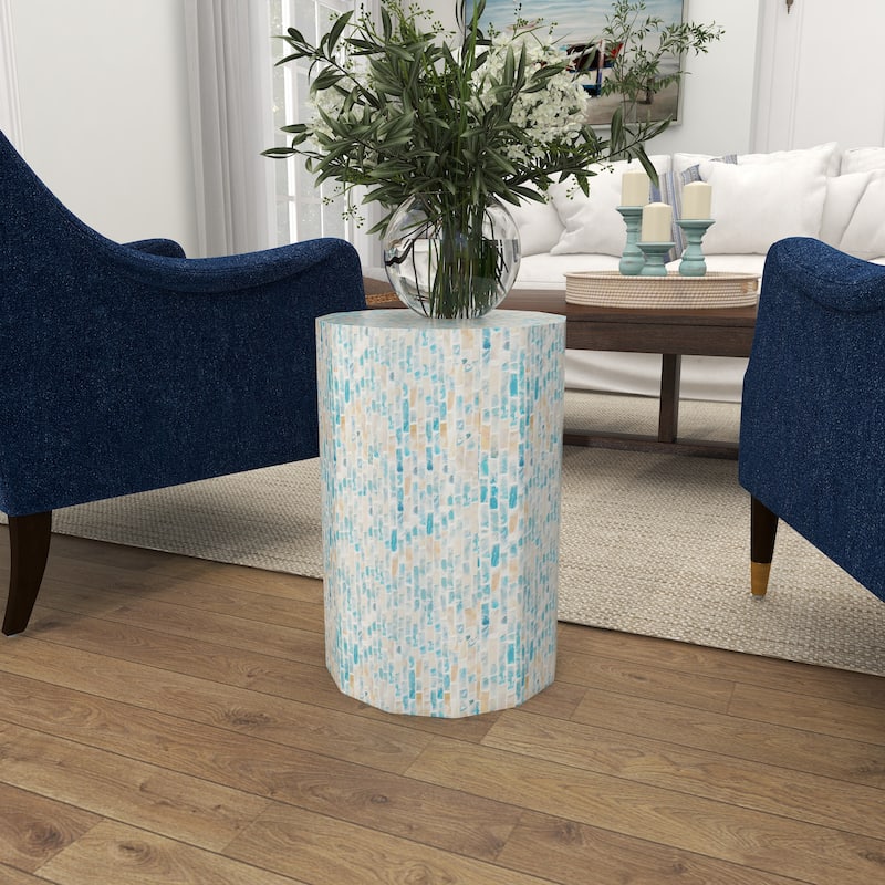 Blue Mother of Pearl Shell Handmade Mosaic Inlay Drum Accent Table