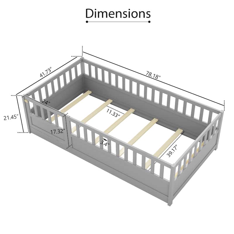 Children's Twin Floor Bed with High Fence, Pinewood French Bed, Safe Play Area, and Mattress Support
