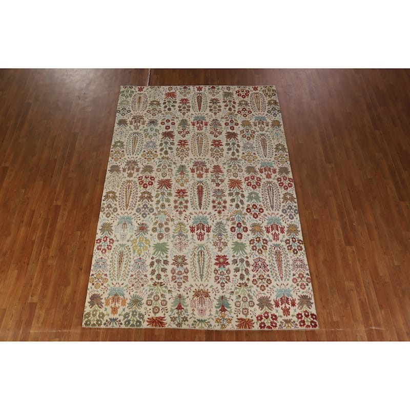 Hand Knotted Oriental 100% Wool Carpet Traditional All-Over Beige & Ivories Ziegler Area Rug - 9' 10'' X 6' 6''