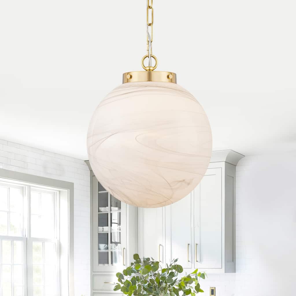 Brushed Gold Pendant Light with Marbled Glass Globe Kitchen Bedroom - Dia.11.81-in