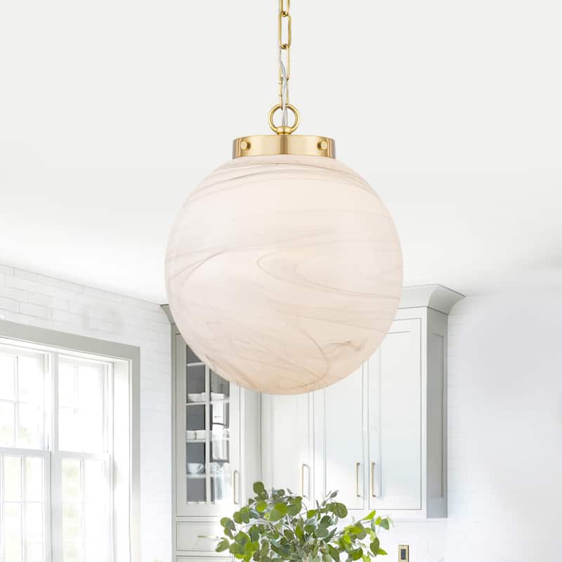 Brushed Gold Pendant Light with Marbled Glass Globe Kitchen Bedroom - Dia.11.81-in - Dia.11.81-in