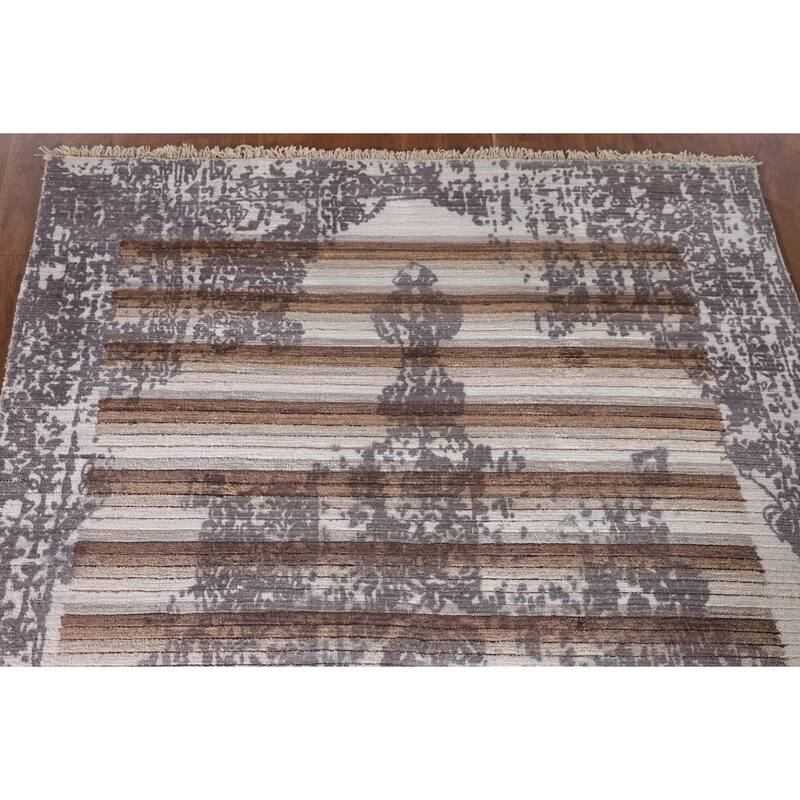 Striped Modern Abstract Rug Hand-Knotted Wool Carpet - 3'11"x 5'11"