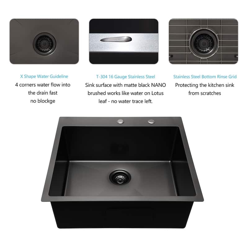 Matte Black Stainless Steel Single Bowl Drop-in Kitchen Sink - 28-in L x 22-in W x 10-in H