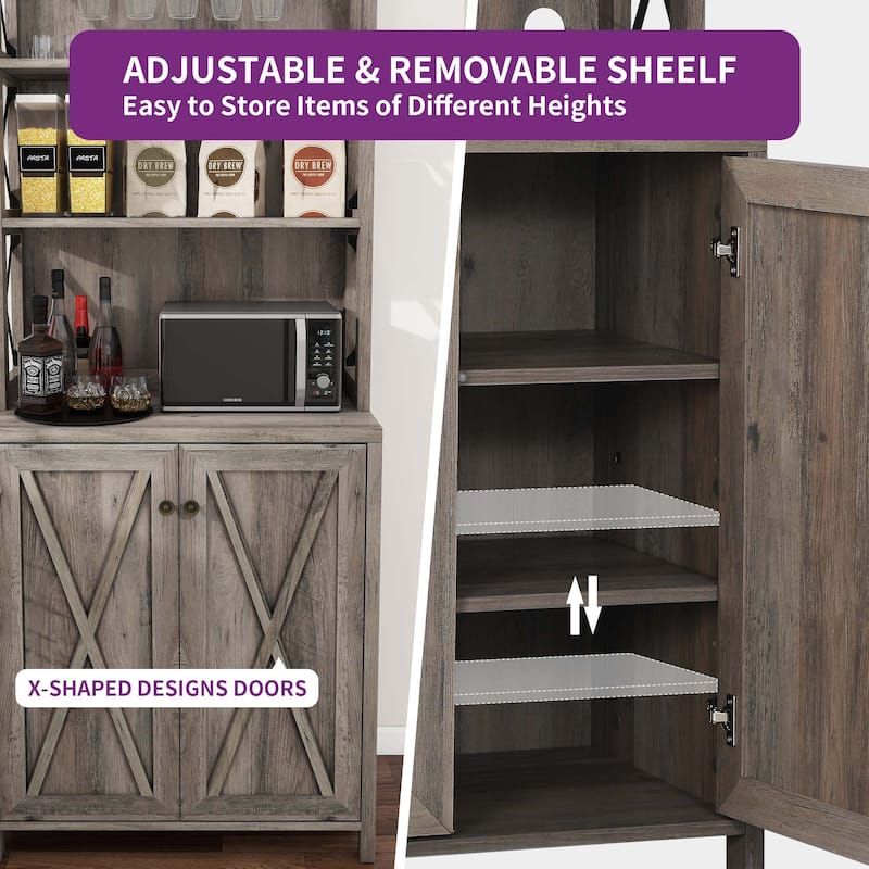 67" Tall Farmhouse Kitchen Coffee Bar Cabinet with Adjustable Shelves
