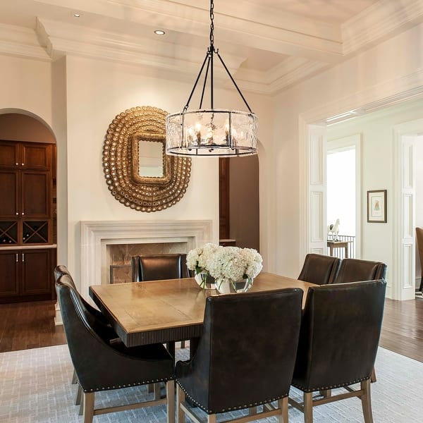 Modern 5-Light 20.5" Lantern Drum Chandelier Water Ripple Glass Pendant for Dining Room