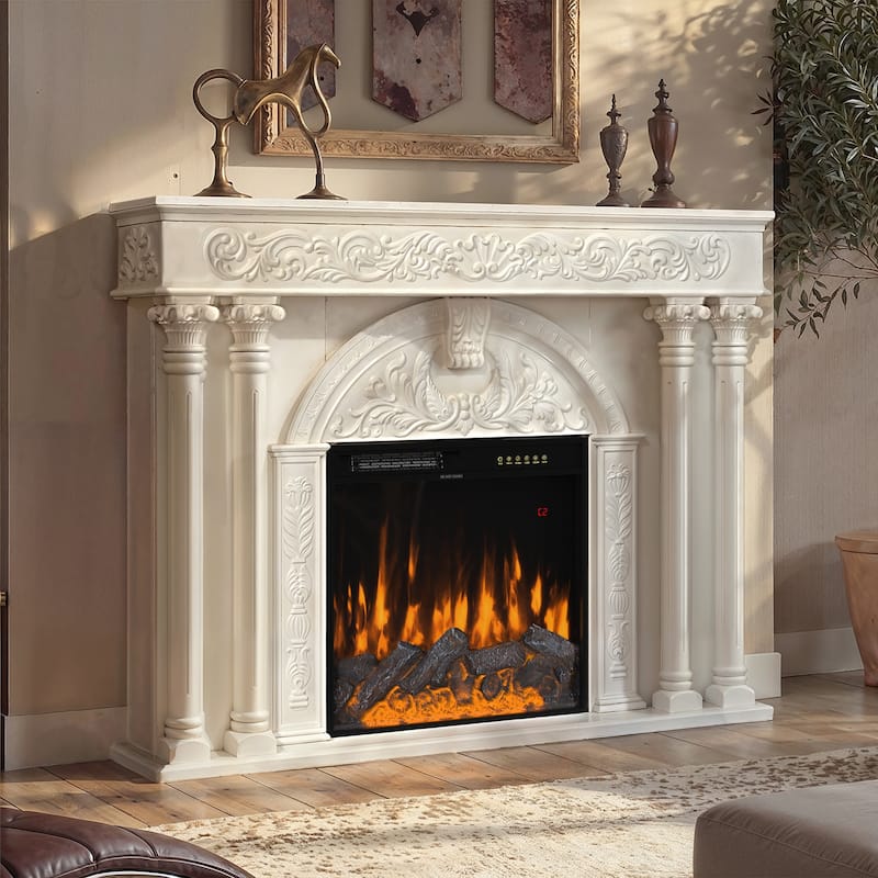 Solid Wood Electric Fireplace TV Stand with 12-Color LED Flame, White Wood Cabinet with Roman Columns, 1500W Heater