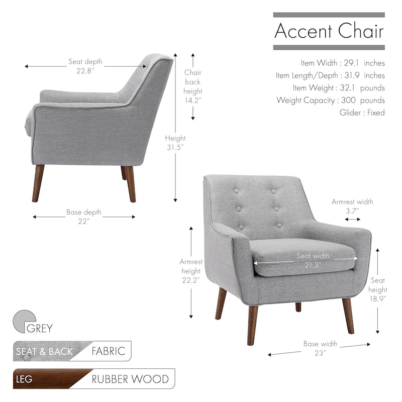 Porthos Home Pola Accent Chair, Tufted Fabric Upholstery, Wooden Legs