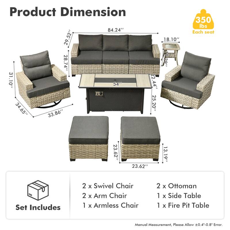 HOOOWOOO 9-piece Outdoor Wicker Furniture Swivel Rocking Chair Set with Fire Pit Table
