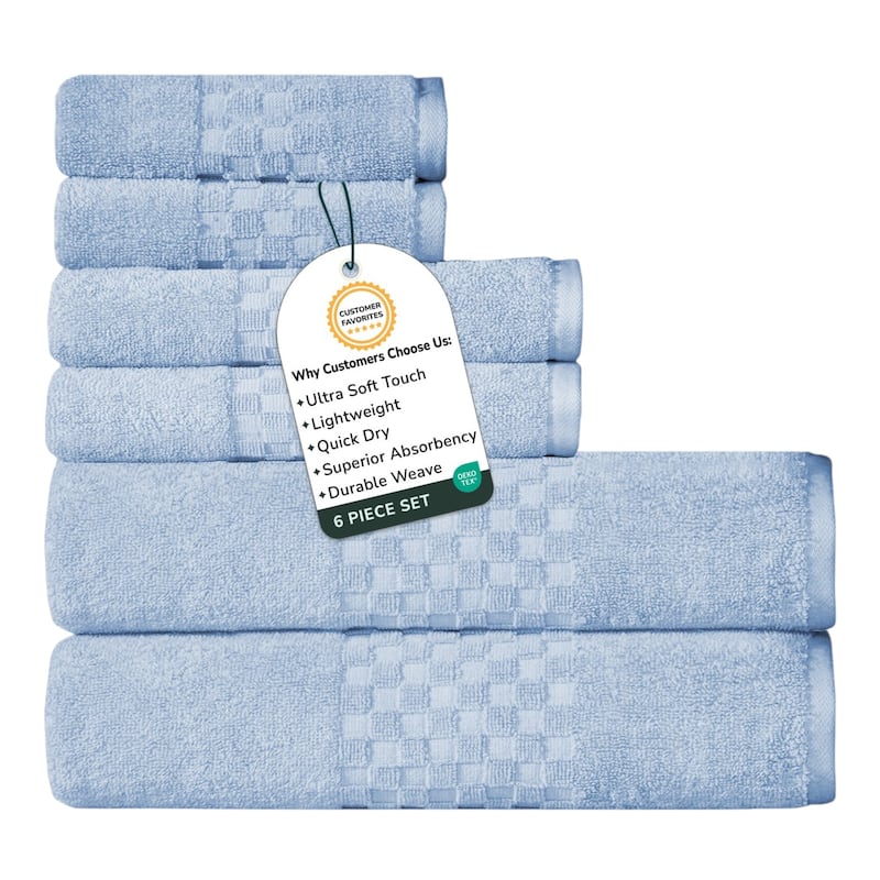 Feather and Stitch NY 650 GSM Premium Cotton 6 Piece Towel Set Super Absorbent Quick Dry Spa Quality - Sky Blue