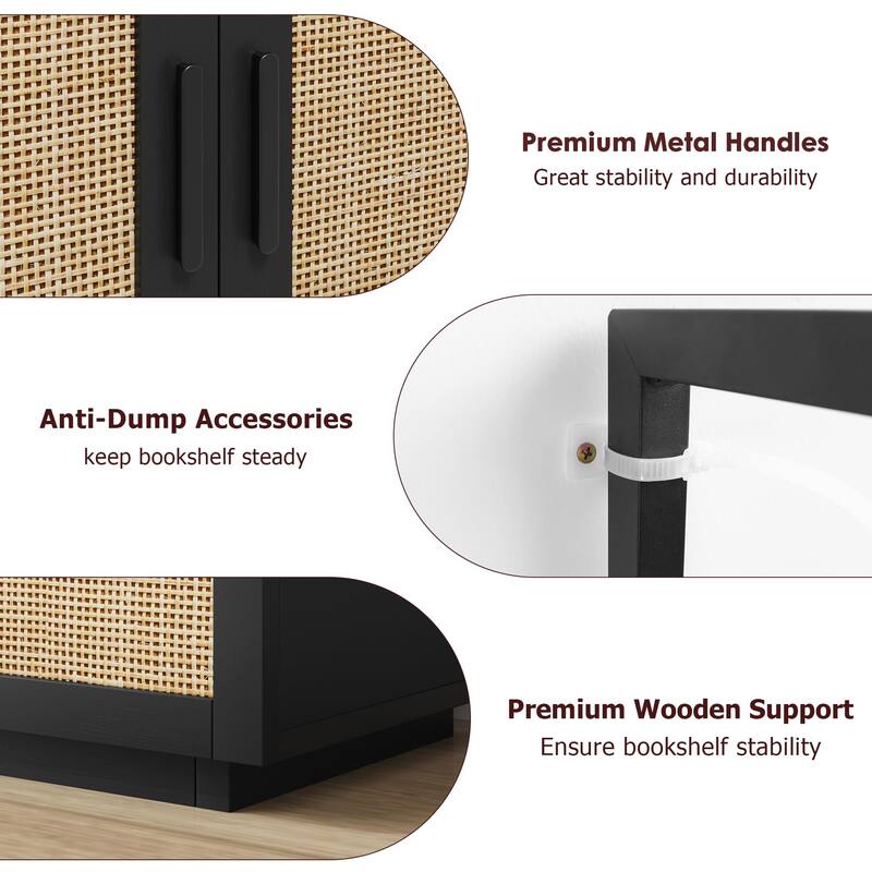 Ail 5 Tier Rattan Bookshelf with Storage Cabinet and door - 43.3"D x 11.8"W x 71.1"H