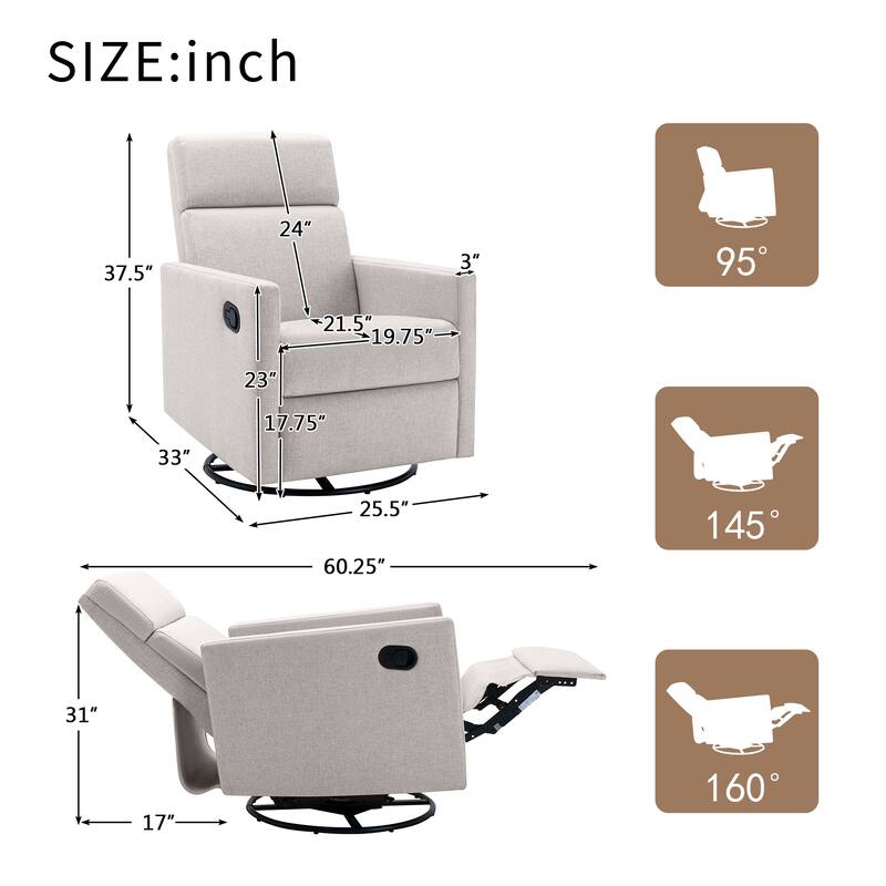 Swivel Gliders Chairs Upholstered Recliners Chair Modern Tilt Rocking Chair for Nursery Chairs with Adjustable Headrest Footrest