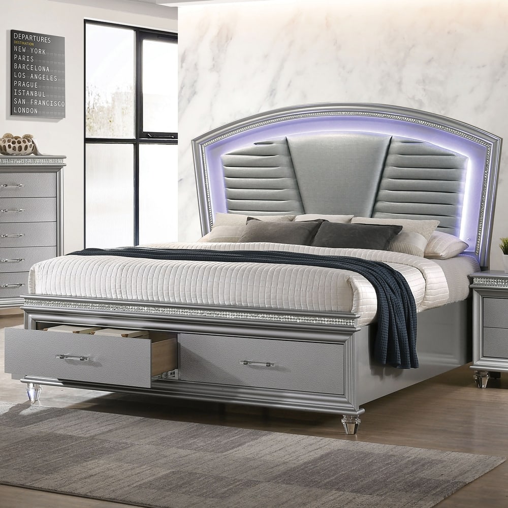 Xian Contemporary Wood Faux Leather Upholstered Tufted Storage Platform Bed with LED by Furniture of America