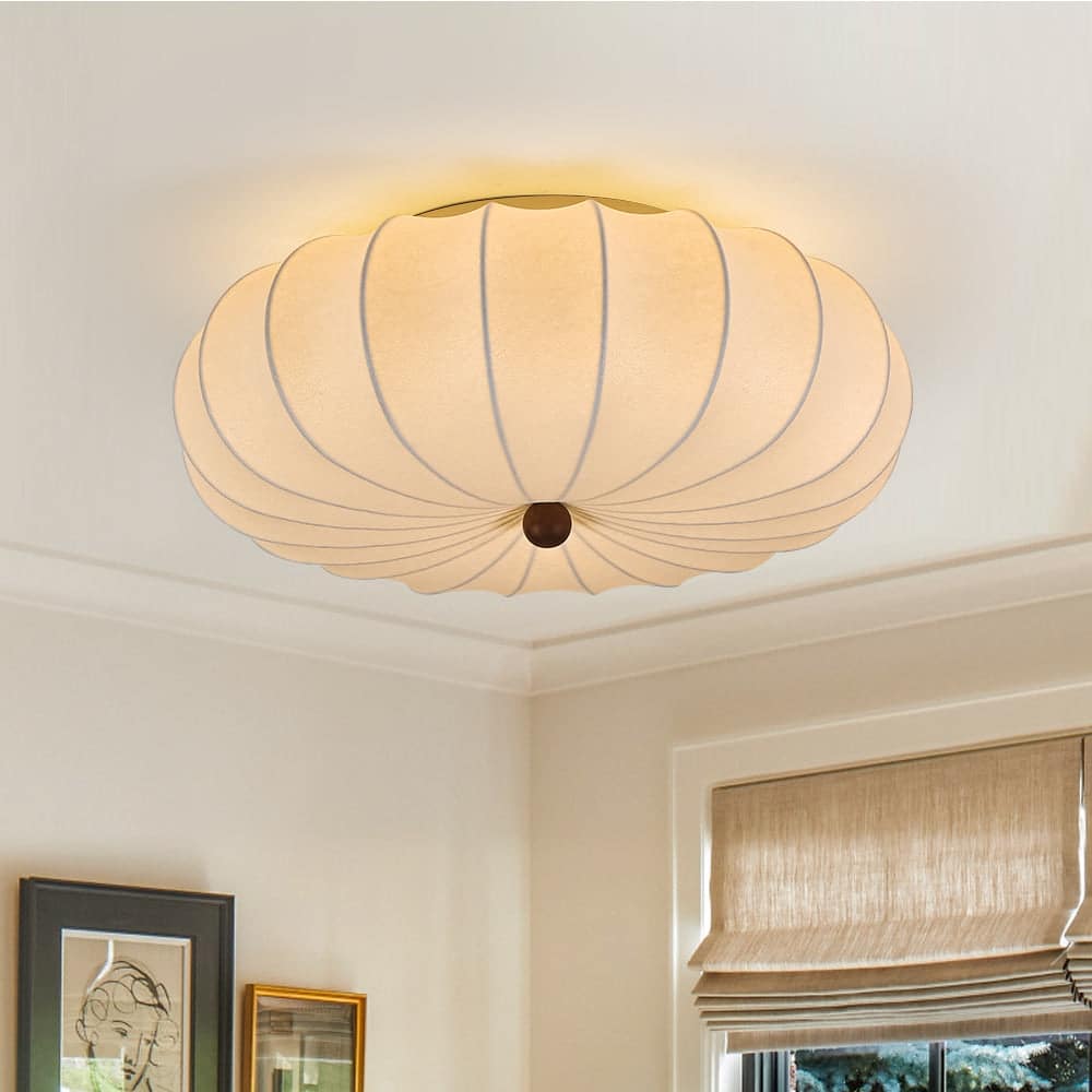 Vintage Pleated Lantern White Silk Single Flush Mount Ambient Light - 23.6 Inches