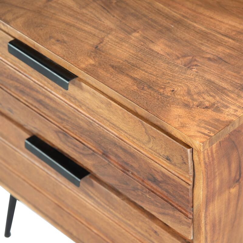 2 Drawer Wooden Nightstand with Metal Angled Legs, Black and Brown
