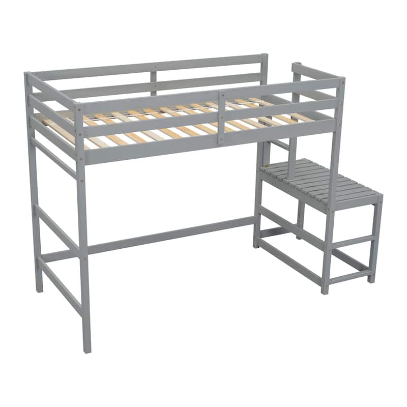 Gray Twin Size Pine Wood High Loft Bed with Ladder landing Platform, Ladders, Guardrails