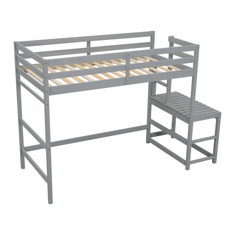 Grey Twin High Loft Bed with Ladder Landing Platform, Guardrails and Ample Underbed Space