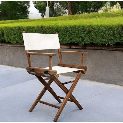23" Brown and Ivory and Natural Wood Solid Wood Indoor Outdoor Director Chair