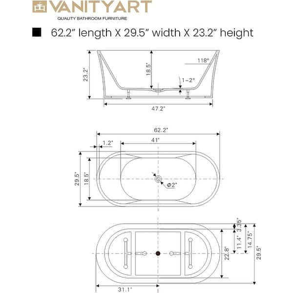 63 in. x 29.5 in. Free Standing Soaking Tubs Flatbottom Acrylic Freestanding Bathtub with Anti-Clogging Drain in White