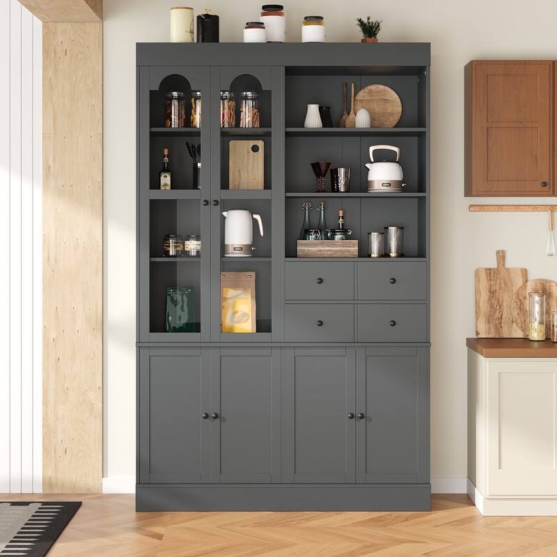 75" Freestanding Buffet with Hutch, Tall Kitchen Pantry Cabinet with Drawers, Shelves and Pull-out Trays for Maximized Storage - Grey