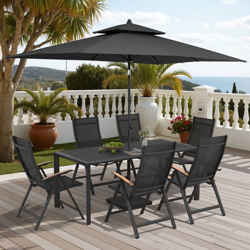 9/11-Piece Outdoor Patio Dining Set Aluminum Dining Table and Chairs w/10 ft Market Umbrella and Base with Wheels
