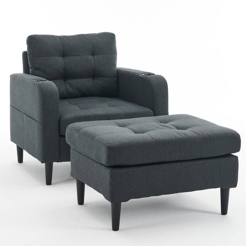 Armchair and Storage Ottoman Set with Cup Holders and Tufted Detailing - Dark Grey