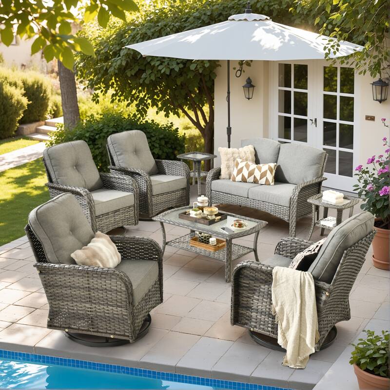 HOOOWOOO 8-piece Wicker Rattan Outdoor Furniture Patio Swivel Chair Set - Dark Grey