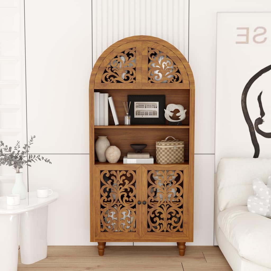 Vintage Melamine Arched Bookcase Cabinet with Carved Doors and Open Display Shelves, Walnut by GDFStudio