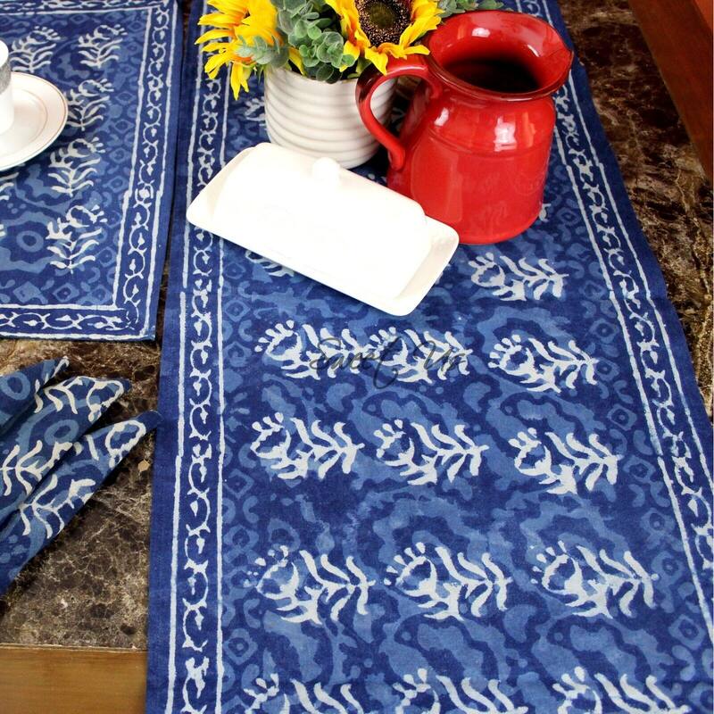 Regal Block Print Cotton Dabu Floral Tablecloth Collection - Runner