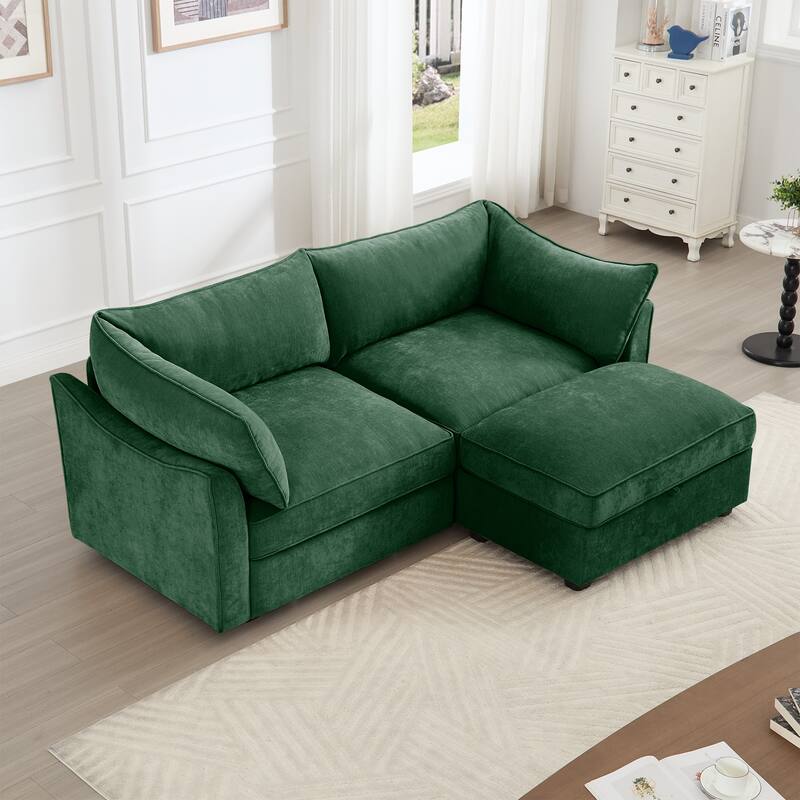 Rossetta 2-Seater Chenille Sofa with Storage Drawers, Wraparound Cushions and 1 Matching Ottoman -  Green