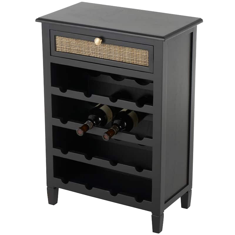 Black Wooden Handmade 12 Bottle 1 Drawer Standing Wine Rack with Rattan Front