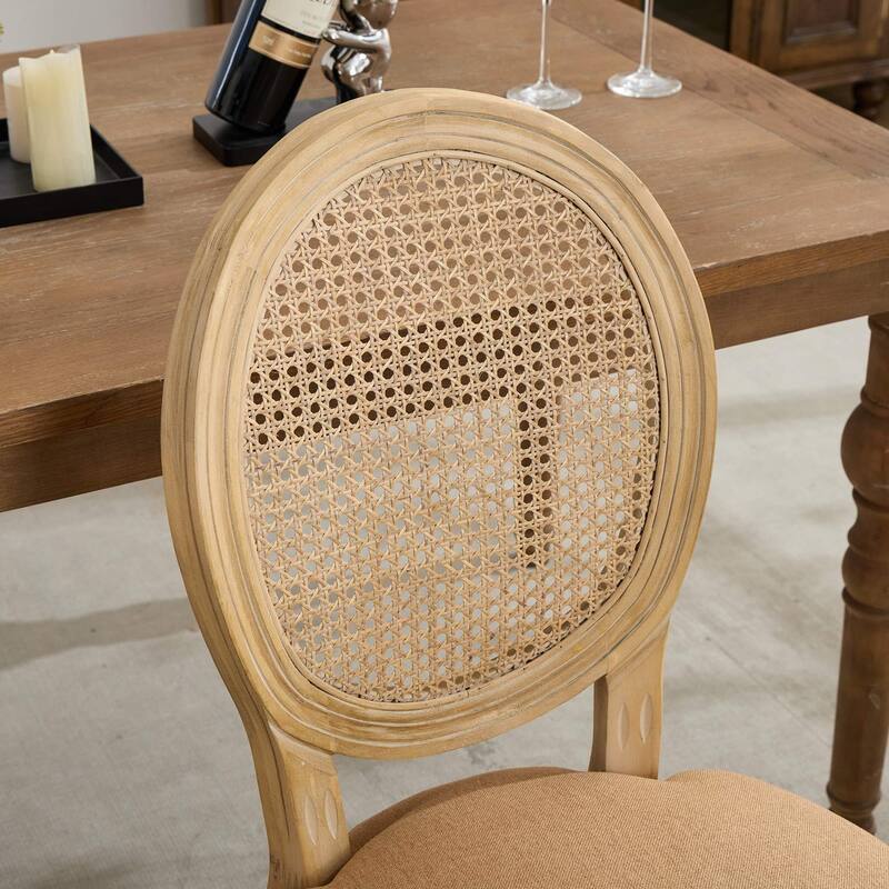 Furniture,French Style Solid Wood Frame Antique Painting Linen Fabric Rattan Back Dining Chair,Set of 2,Tan