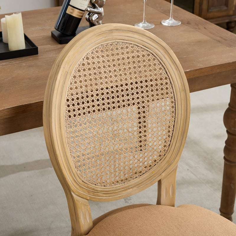 Modern Dining Chair, Solid Wood Frame Linen Fabric Rattan Back Dining Chair,Set of 2