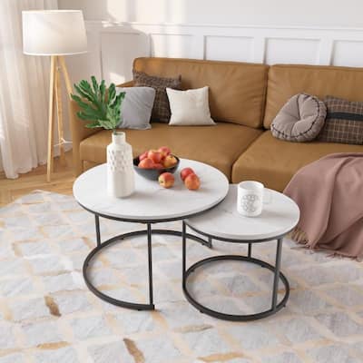 Round Nesting Coffee Table Set of 2 with Marble Pattern Top & Metal Frame