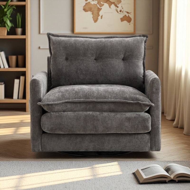 Chenille 360° Swivel Barrel Chair with Memory Foam and Side Pockets - Gray