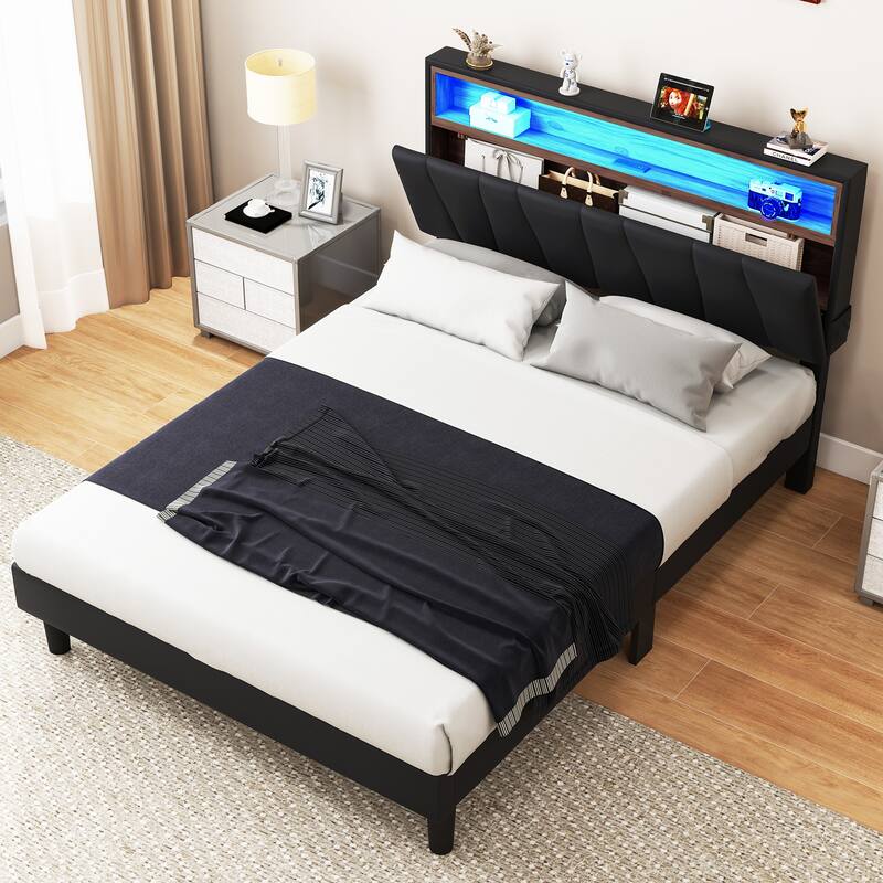 Moasis Full Black PVC Bed Frame LED Bed Frame with Storage Upholstered Velvet Headboard