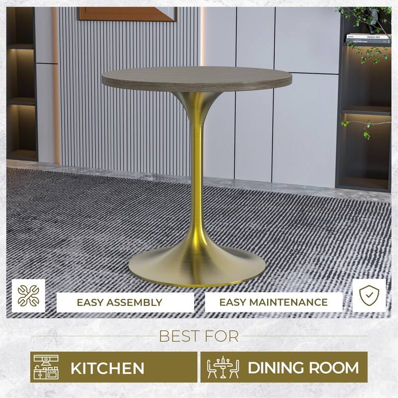 LeisureMod Verve 27" Round Dining Table with MDF Wood TableTop and Brushed Gold Base for Kitchen & Dining Room