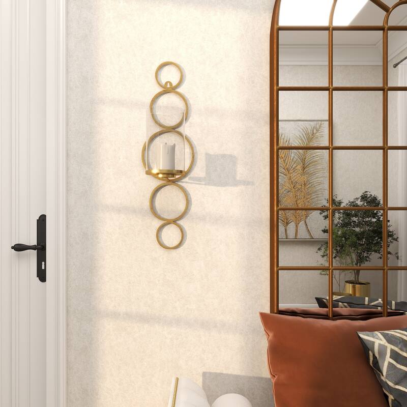 CosmoLiving by Cosmopolitan Metal Stacked Circle Geometric Wall Sconce with Glass Holder - Gold, Black, Silver