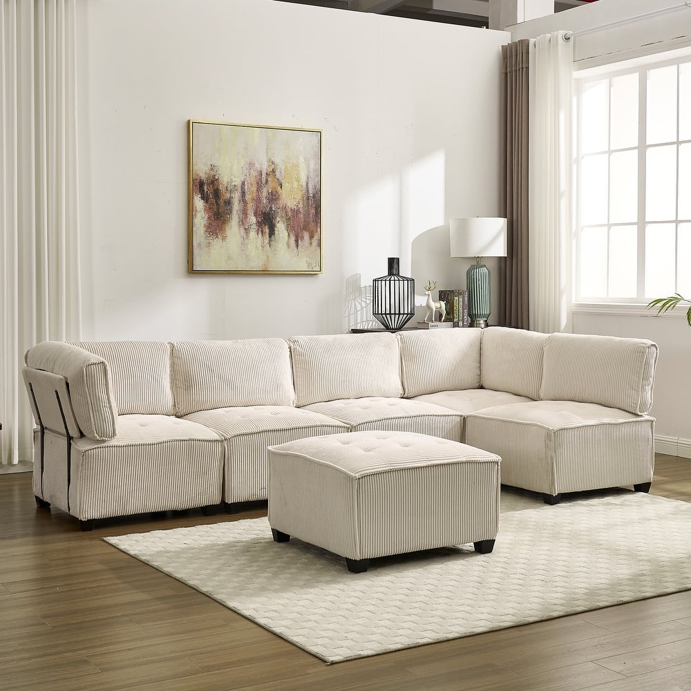 U-Shaped Corduroy Upholstered 6-Seat Convertible Modular Sectional Sofa Fit for Living Room