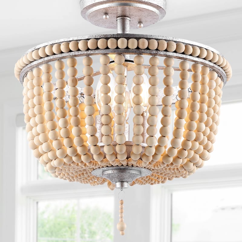 Georgian Wood Beaded/Metal LED Flush Mount, by JONATHAN Y - Antique Silver