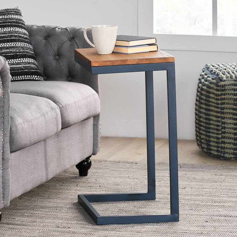 Roomfitters C-Shaped Side Table, Industrial End Table with Natural Wood Top and Blue Metal Frame for Sofa or Bedside, Natural