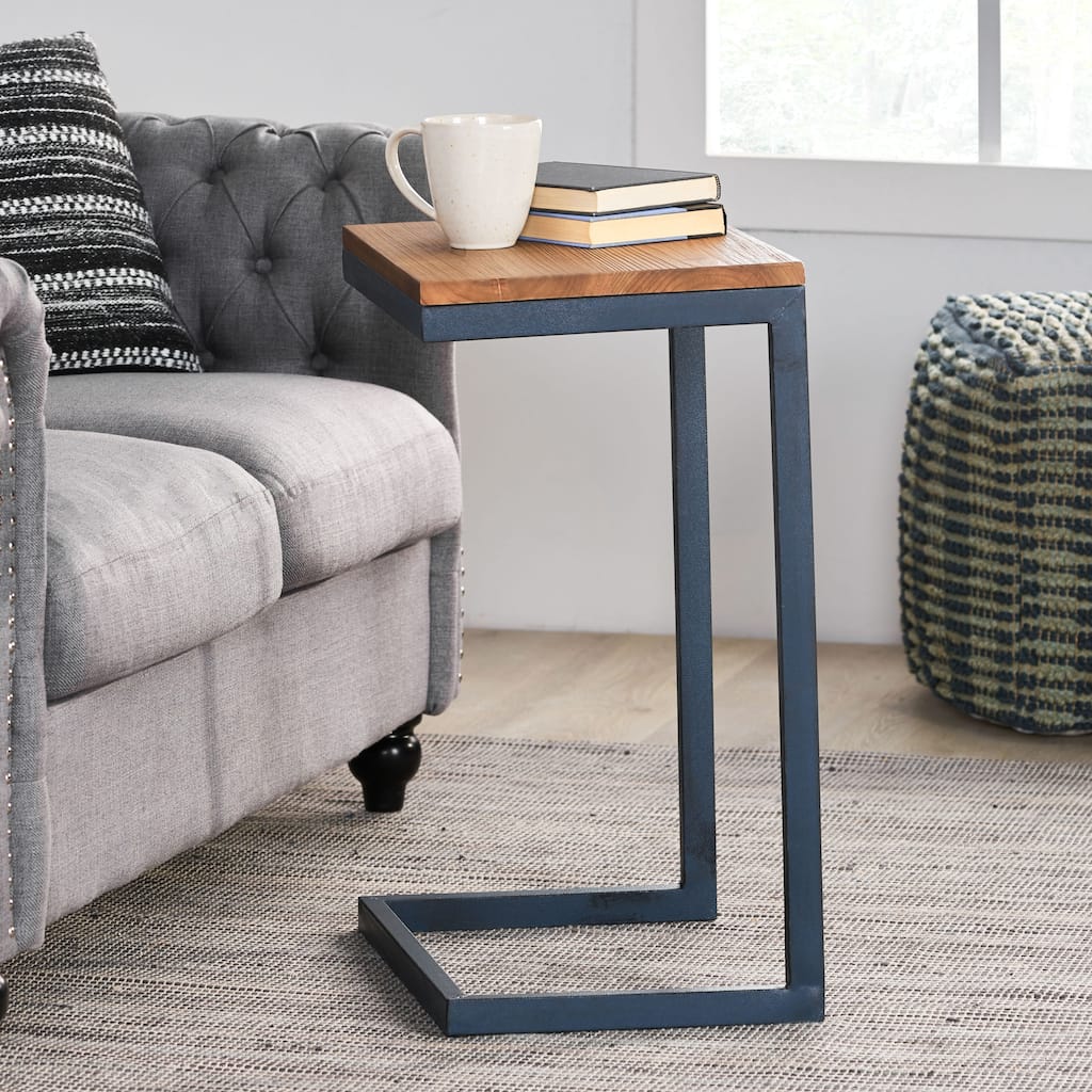 Roomfitters C-Shaped Side Table, Industrial End Table with Natural Wood Top and Blue Metal Frame for Sofa or Bedside, Natural